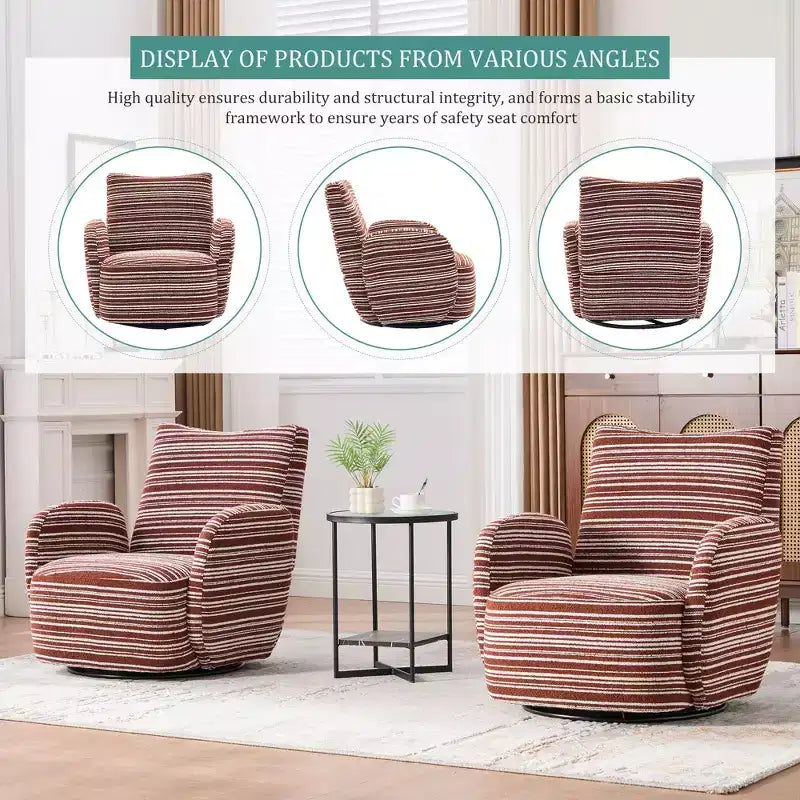 Fauteuil d'appoint pivotant moderne TUYOHW avec canapé simple de loisirs rembourré à rayures et accoudoirs à support métallique, fauteuil pivotant pour salon, chambre à coucher