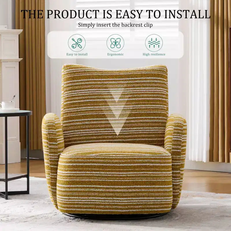 Fauteuil d'appoint pivotant moderne TUYOHW avec canapé simple de loisirs rembourré à rayures et accoudoirs à support métallique, fauteuil pivotant pour salon, chambre à coucher