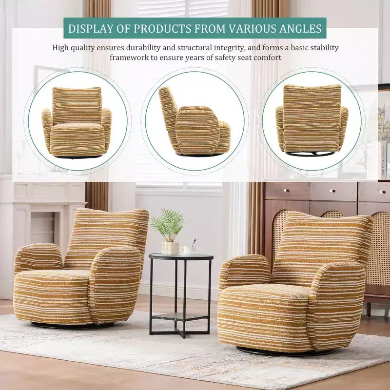 Fauteuil d'appoint pivotant moderne TUYOHW avec canapé simple de loisirs rembourré à rayures et accoudoirs à support métallique, fauteuil pivotant pour salon, chambre à coucher
