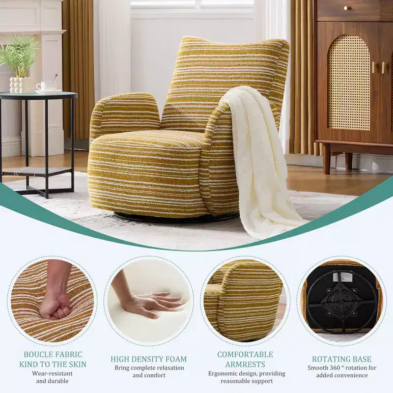 Fauteuil d'appoint pivotant moderne TUYOHW avec canapé simple de loisirs rembourré à rayures et accoudoirs à support métallique, fauteuil pivotant pour salon, chambre à coucher