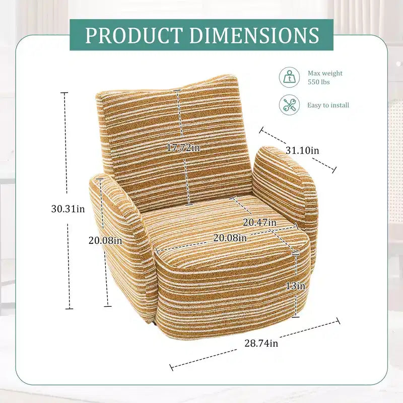 Fauteuil d'appoint pivotant moderne TUYOHW avec canapé simple de loisirs rembourré à rayures et accoudoirs à support métallique, fauteuil pivotant pour salon, chambre à coucher