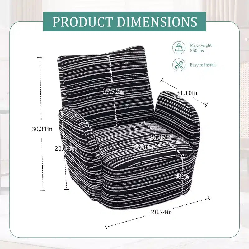 Fauteuil d'appoint pivotant moderne TUYOHW avec canapé simple de loisirs rembourré à rayures et accoudoirs à support métallique, fauteuil pivotant pour salon, chambre à coucher
