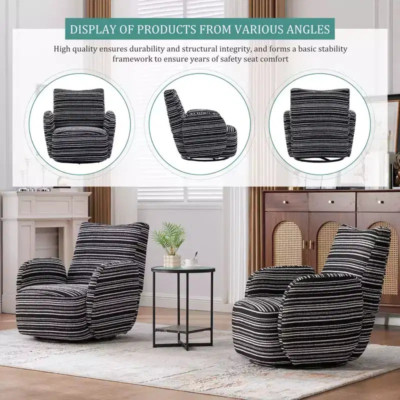 Fauteuil d'appoint pivotant moderne TUYOHW avec canapé simple de loisirs rembourré à rayures et accoudoirs à support métallique, fauteuil pivotant pour salon, chambre à coucher