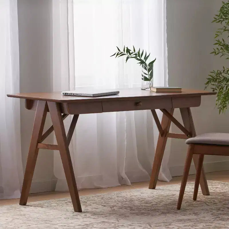 TUYOHW 57 Bureau d'ordinateur en bois d'hévéa avec 1 tiroir, pieds en A, bureau pour jeux, études, bureau, petits espaces, noyer