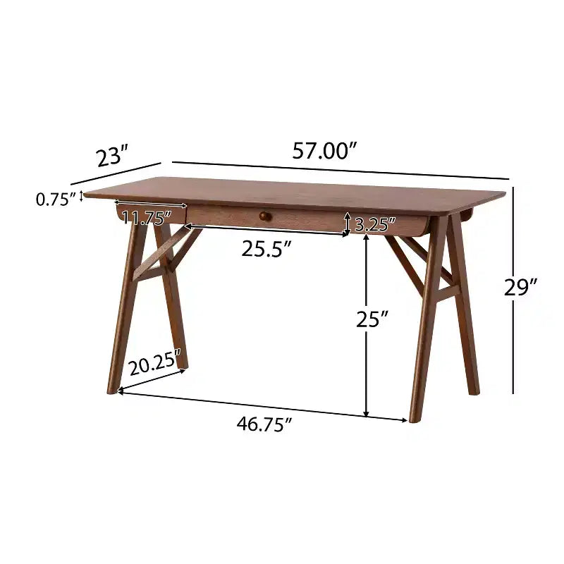 TUYOHW 57 Bureau d'ordinateur en bois d'hévéa avec 1 tiroir, pieds en A, bureau pour jeux, études, bureau, petits espaces, noyer