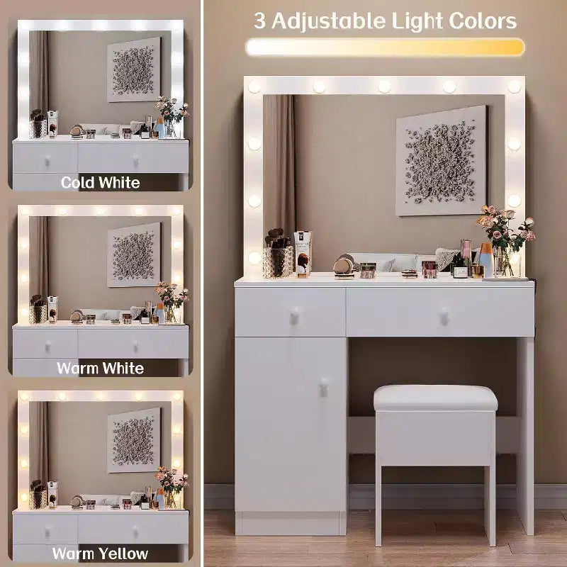 BALHAM TRADE-Coiffeuse avec miroir 11 lumières LED Prise de courant Ensemble de maquillage Meuble de rangement Tiroirs Chaise