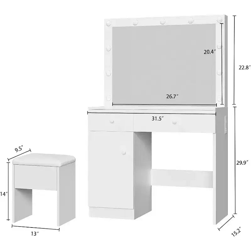 BALHAM TRADE-Coiffeuse avec miroir 11 lumières LED Prise de courant Ensemble de maquillage Meuble de rangement Tiroirs Chaise