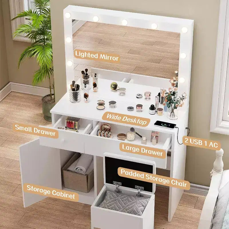BALHAM TRADE-Coiffeuse avec miroir 11 lumières LED Prise de courant Ensemble de maquillage Meuble de rangement Tiroirs Chaise