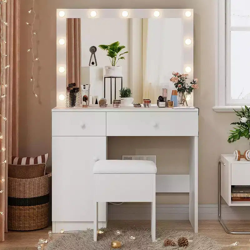 BALHAM TRADE-Coiffeuse avec miroir 11 lumières LED Prise de courant Ensemble de maquillage Meuble de rangement Tiroirs Chaise