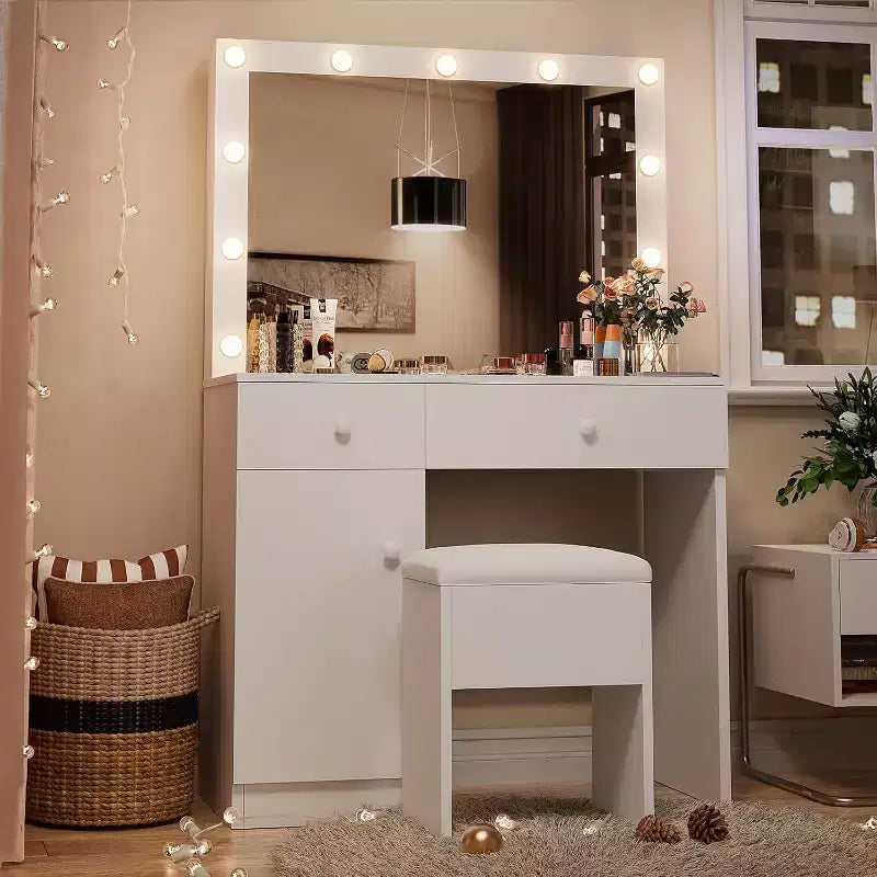 BALHAM TRADE-Coiffeuse avec miroir 11 lumières LED Prise de courant Ensemble de maquillage Meuble de rangement Tiroirs Chaise