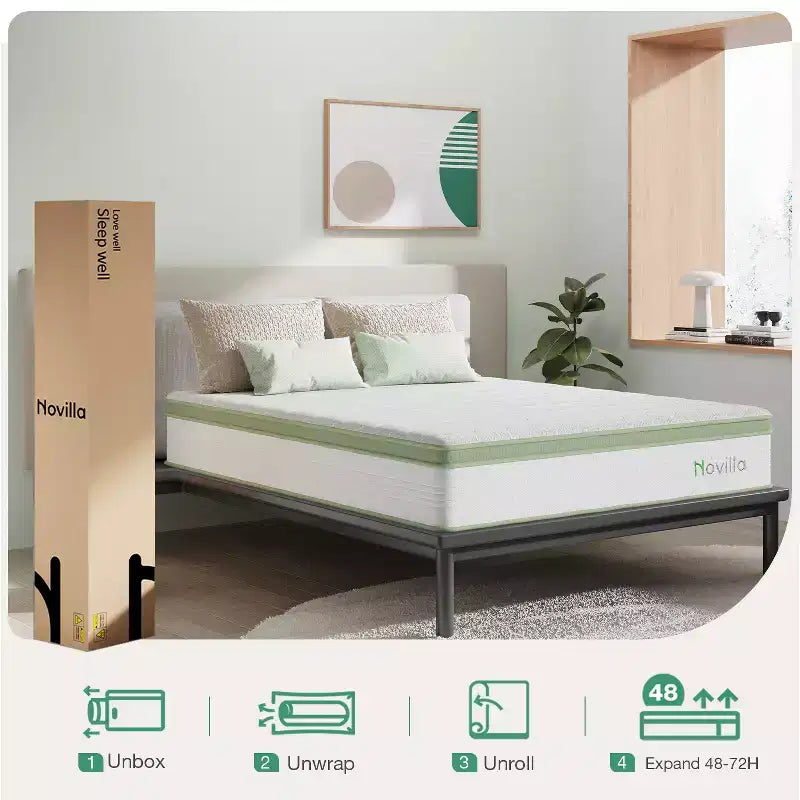Matelas hybride en mousse à mémoire de forme et ressorts ensachés Novilla 12 pouces, fermeté moyenne, en boîte, isolation des mouvements