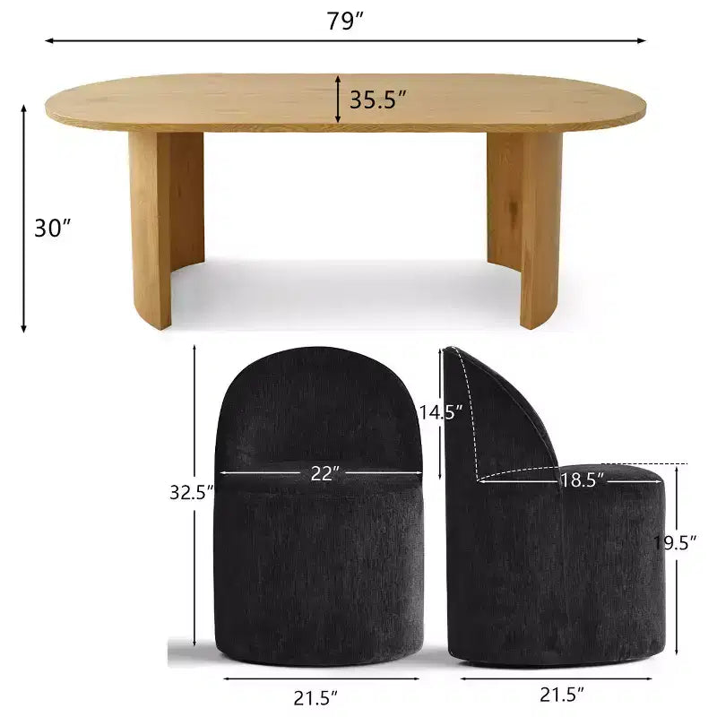 Ensemble table de salle à manger 6 personnes, table ovale 79 po et chaises baquets sans accoudoirs en tissu chenille avec roulettes, parfait pour les cuisines - Panipeachy