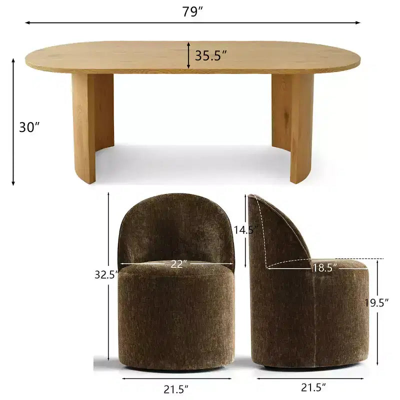 Ensemble table de salle à manger 6 personnes, table ovale 79 po et chaises baquets sans accoudoirs en tissu chenille avec roulettes, parfait pour les cuisines - Panipeachy