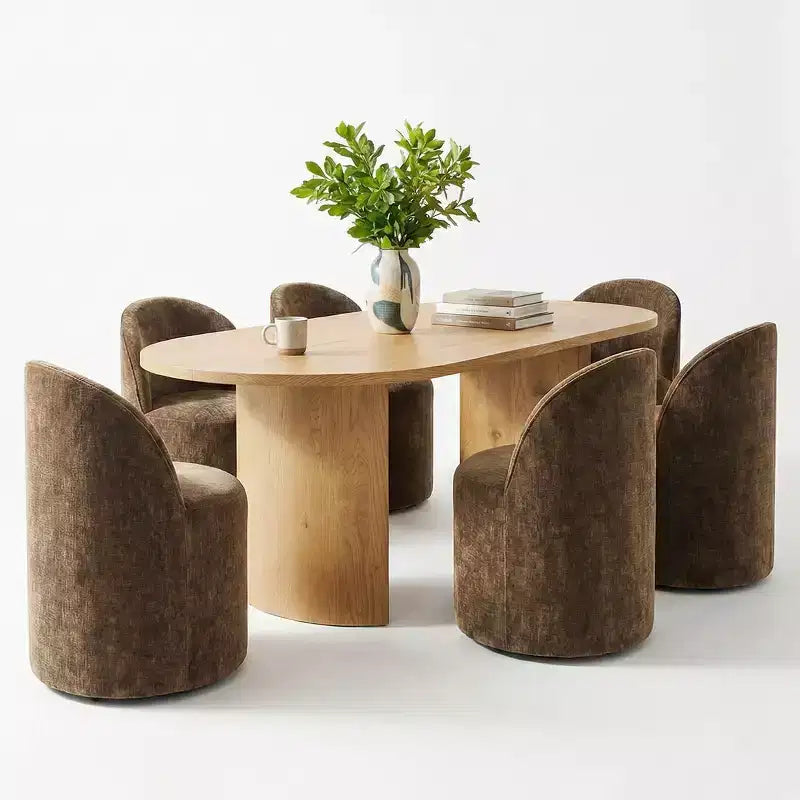 Ensemble table de salle à manger 6 personnes, table ovale 79 po et chaises baquets sans accoudoirs en tissu chenille avec roulettes, parfait pour les cuisines - Panipeachy