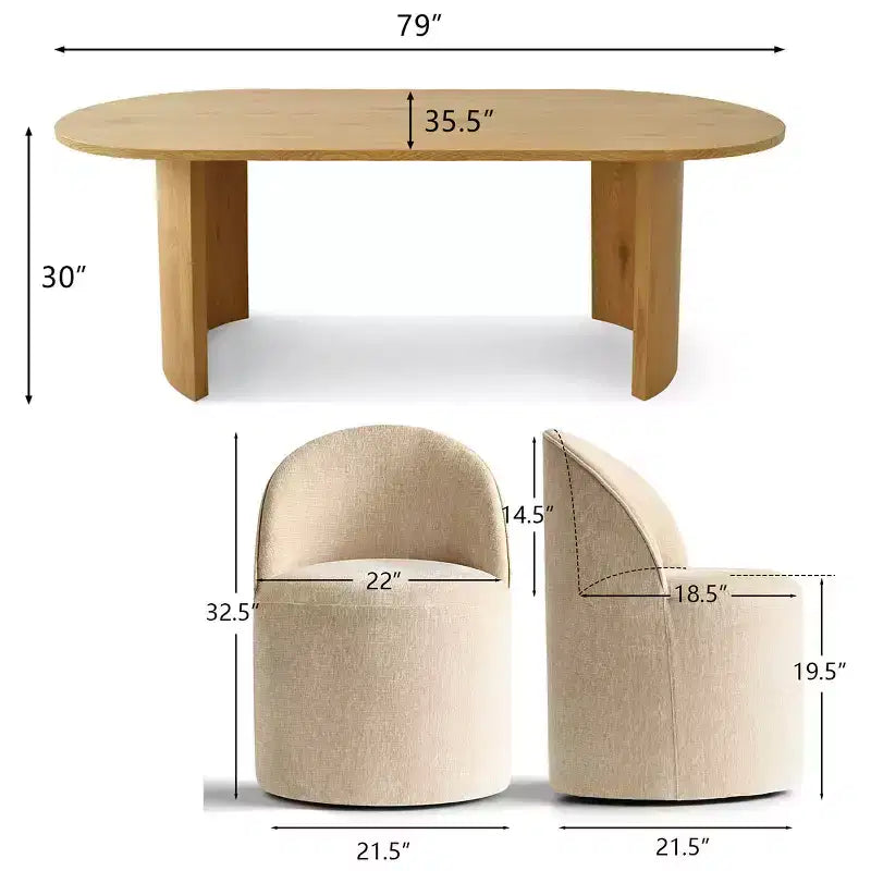 Ensemble table de salle à manger 6 personnes, table ovale 79 po et chaises baquets sans accoudoirs en tissu chenille avec roulettes, parfait pour les cuisines - Panipeachy