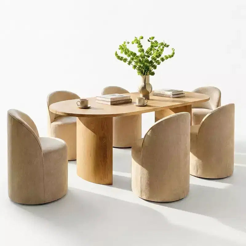 Ensemble table de salle à manger 6 personnes, table ovale 79 po et chaises baquets sans accoudoirs en tissu chenille avec roulettes, parfait pour les cuisines - Panipeachy
