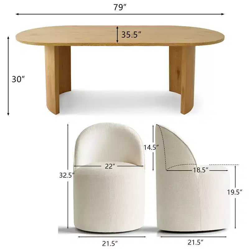 Ensemble table de salle à manger 6 personnes, table ovale 79 po et chaises baquets sans accoudoirs en tissu chenille avec roulettes, parfait pour les cuisines - Panipeachy