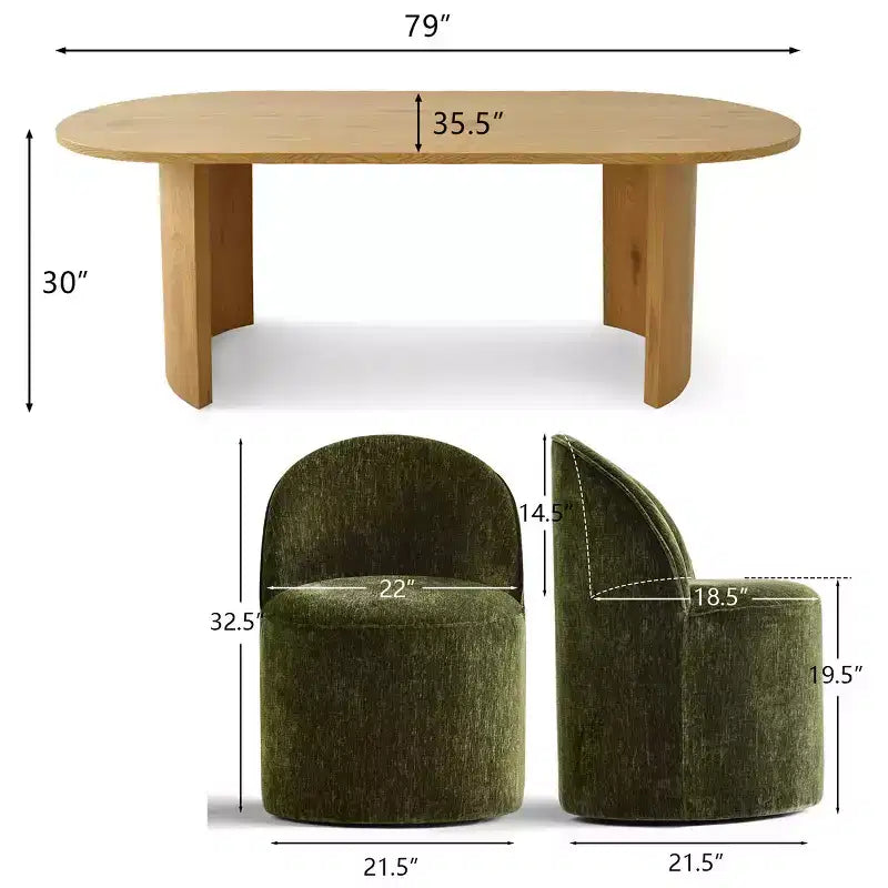 Ensemble table de salle à manger 6 personnes, table ovale 79 po et chaises baquets sans accoudoirs en tissu chenille avec roulettes, parfait pour les cuisines - Panipeachy