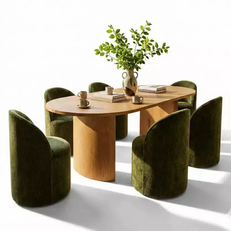 Ensemble table de salle à manger 6 personnes, table ovale 79 po et chaises baquets sans accoudoirs en tissu chenille avec roulettes, parfait pour les cuisines - Panipeachy