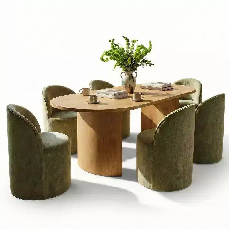 Ensemble table de salle à manger 6 personnes, table ovale 79 po et chaises baquets sans accoudoirs en tissu chenille avec roulettes, parfait pour les cuisines - Panipeachy