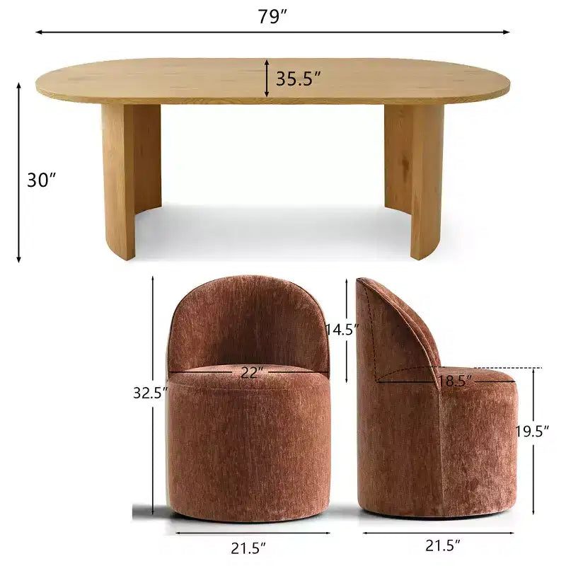Ensemble table de salle à manger 6 personnes, table ovale 79 po et chaises baquets sans accoudoirs en tissu chenille avec roulettes, parfait pour les cuisines - Panipeachy