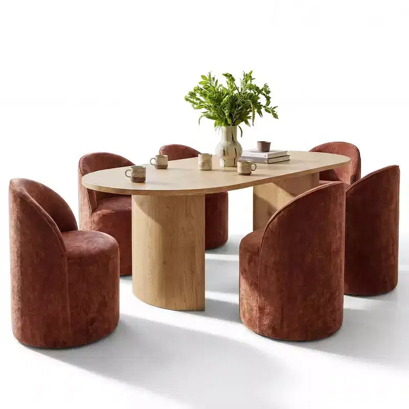 Ensemble table de salle à manger 6 personnes, table ovale 79 po et chaises baquets sans accoudoirs en tissu chenille avec roulettes, parfait pour les cuisines - Panipeachy