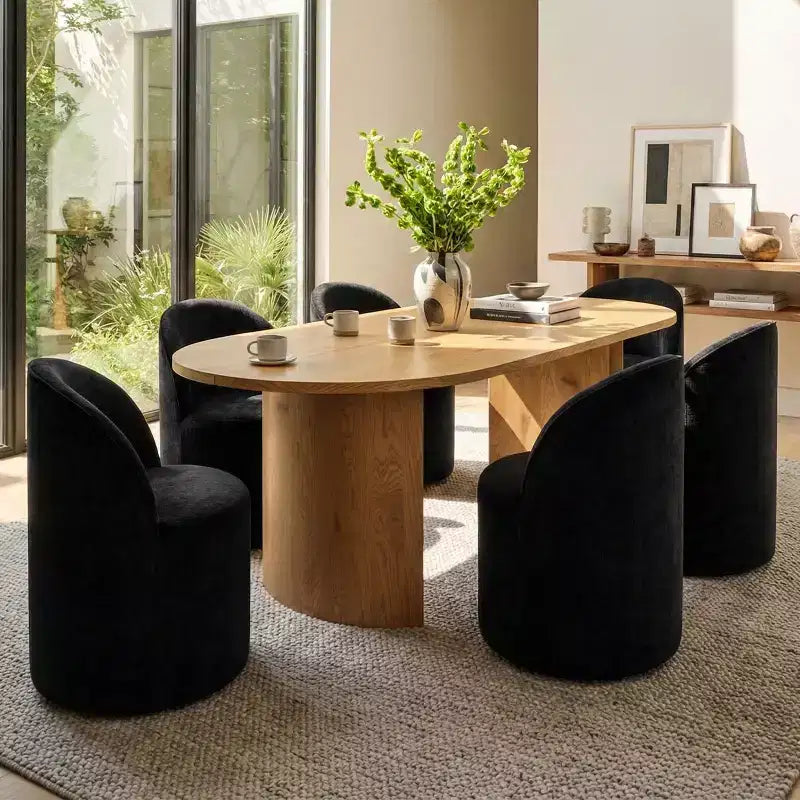 Ensemble table de salle à manger 6 personnes, table ovale 79 po et chaises baquets sans accoudoirs en tissu chenille avec roulettes, parfait pour les cuisines - Panipeachy