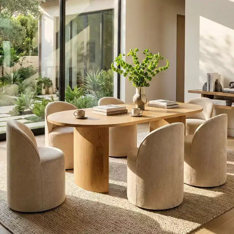Ensemble table de salle à manger 6 personnes, table ovale 79 po et chaises baquets sans accoudoirs en tissu chenille avec roulettes, parfait pour les cuisines - Panipeachy