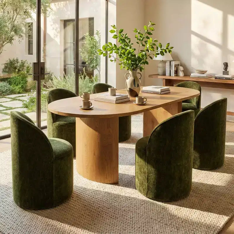 Ensemble table de salle à manger 6 personnes, table ovale 79 po et chaises baquets sans accoudoirs en tissu chenille avec roulettes, parfait pour les cuisines - Panipeachy