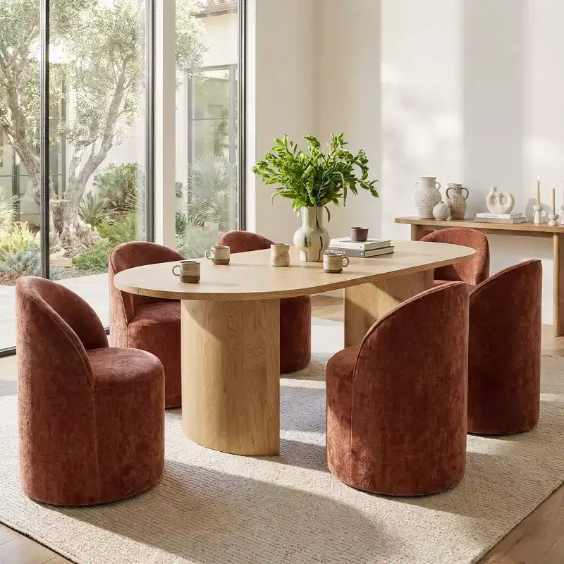 Ensemble table de salle à manger 6 personnes, table ovale 79 po et chaises baquets sans accoudoirs en tissu chenille avec roulettes, parfait pour les cuisines - Panipeachy