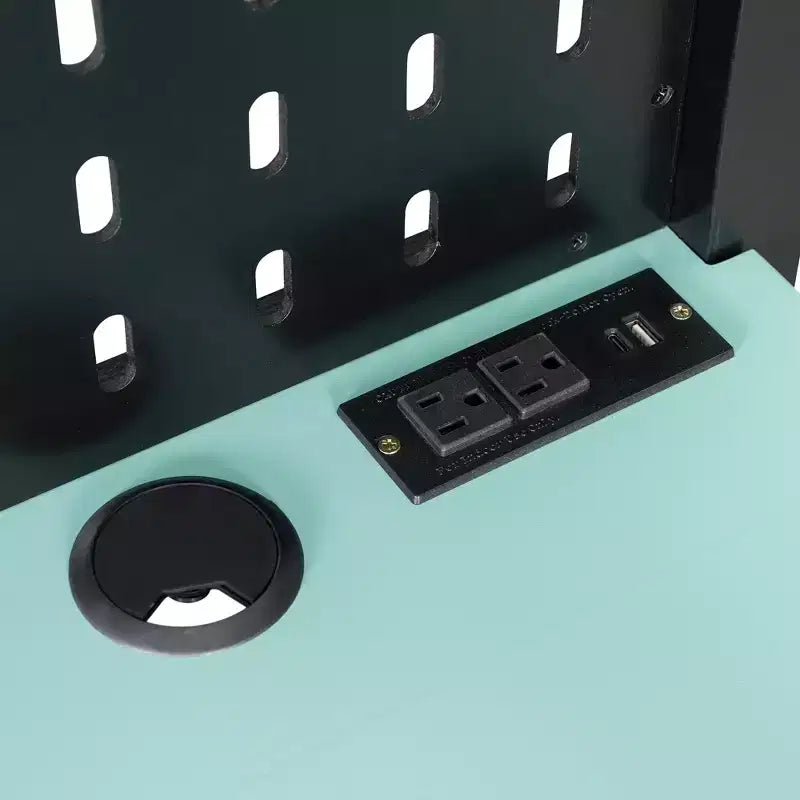 Lit mezzanine de jeu pleine grandeur avec bureau et étagères de rangement, cadre de lit mezzanine bas en bois avec lumières LED, ports USB et panneau perforé
