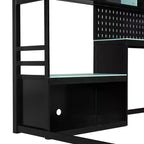 Lit mezzanine de jeu pleine grandeur avec bureau et étagères de rangement, cadre de lit mezzanine bas en bois avec lumières LED, ports USB et panneau perforé