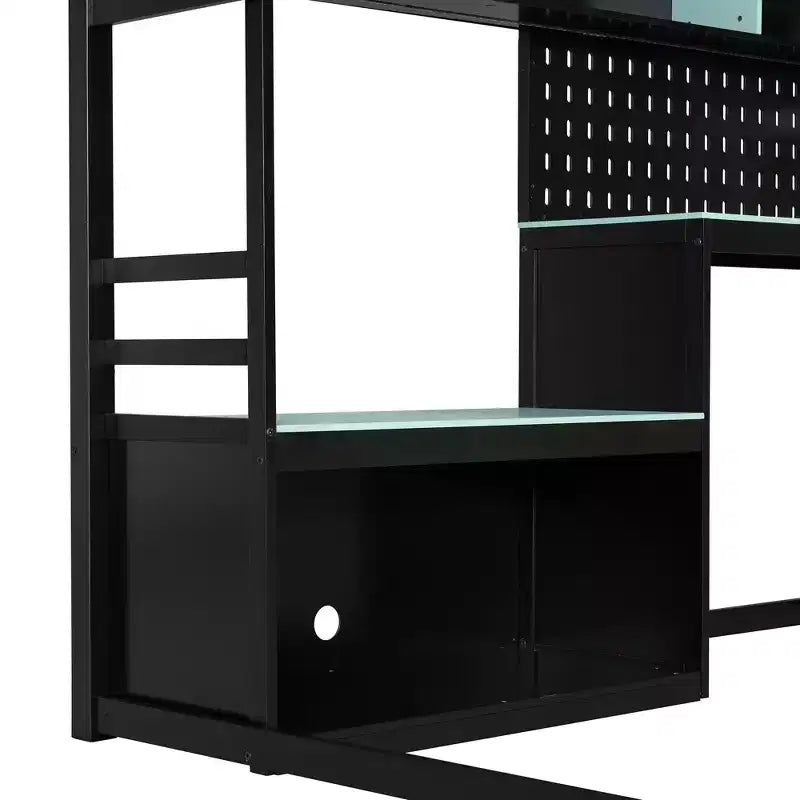 Lit mezzanine de jeu pleine grandeur avec bureau et étagères de rangement, cadre de lit mezzanine bas en bois avec lumières LED, ports USB et panneau perforé