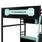 Lit mezzanine de jeu pleine grandeur avec bureau et étagères de rangement, cadre de lit mezzanine bas en bois avec lumières LED, ports USB et panneau perforé