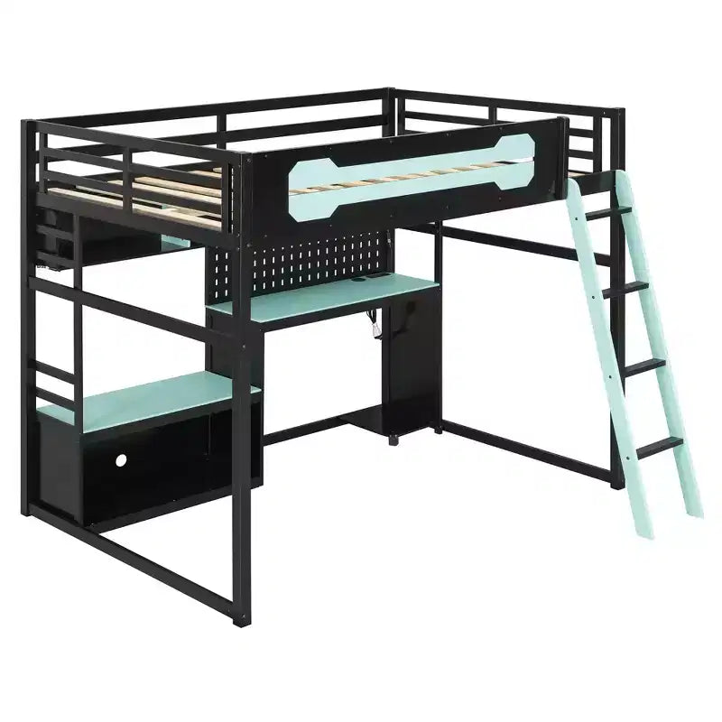 Lit mezzanine de jeu pleine grandeur avec bureau et étagères de rangement, cadre de lit mezzanine bas en bois avec lumières LED, ports USB et panneau perforé