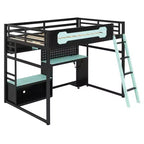 Lit mezzanine de jeu pleine grandeur avec bureau et étagères de rangement, cadre de lit mezzanine bas en bois avec lumières LED, ports USB et panneau perforé