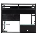 Lit mezzanine de jeu pleine grandeur avec bureau et étagères de rangement, cadre de lit mezzanine bas en bois avec lumières LED, ports USB et panneau perforé