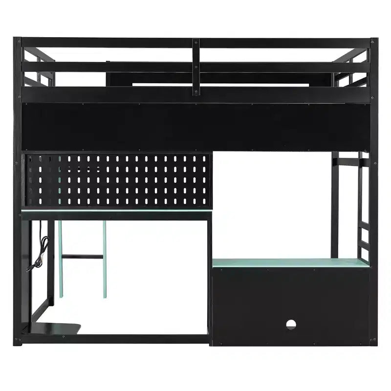 Lit mezzanine de jeu pleine grandeur avec bureau et étagères de rangement, cadre de lit mezzanine bas en bois avec lumières LED, ports USB et panneau perforé