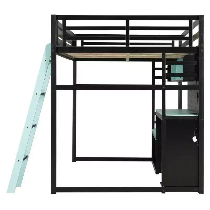 Lit mezzanine de jeu pleine grandeur avec bureau et étagères de rangement, cadre de lit mezzanine bas en bois avec lumières LED, ports USB et panneau perforé
