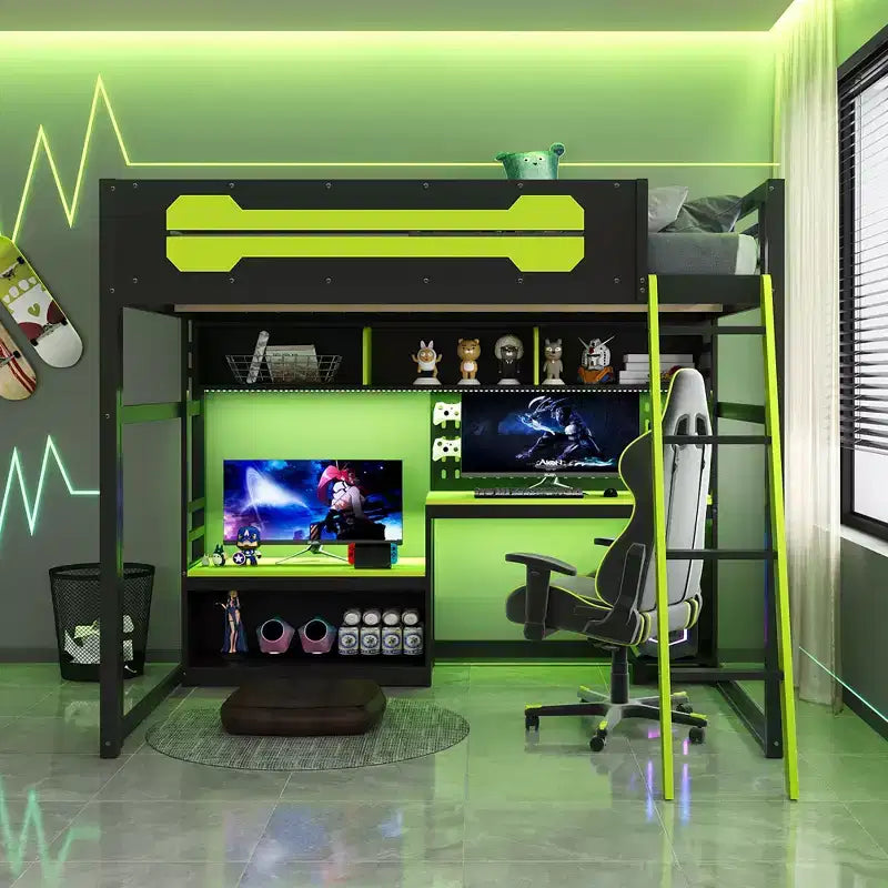 Lit mezzanine de jeu pleine grandeur avec bureau et étagères de rangement, cadre de lit mezzanine bas en bois avec lumières LED, ports USB et panneau perforé