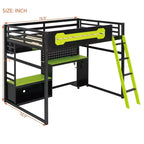 Lit mezzanine de jeu pleine grandeur avec bureau et étagères de rangement, cadre de lit mezzanine bas en bois avec lumières LED, ports USB et panneau perforé
