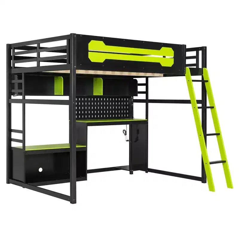 Lit mezzanine de jeu pleine grandeur avec bureau et étagères de rangement, cadre de lit mezzanine bas en bois avec lumières LED, ports USB et panneau perforé