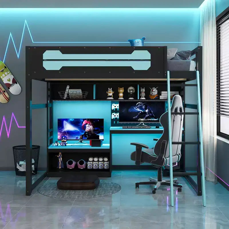 Lit mezzanine de jeu pleine grandeur avec bureau et étagères de rangement, cadre de lit mezzanine bas en bois avec lumières LED, ports USB et panneau perforé