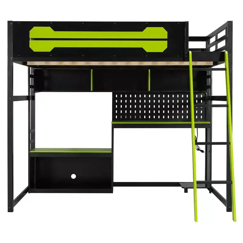Lit mezzanine de jeu pleine grandeur avec bureau et étagères de rangement, cadre de lit mezzanine bas en bois avec lumières LED, ports USB et panneau perforé
