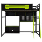 Lit mezzanine de jeu pleine grandeur avec bureau et étagères de rangement, cadre de lit mezzanine bas en bois avec lumières LED, ports USB et panneau perforé