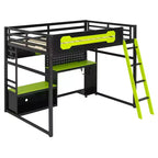 Lit mezzanine de jeu pleine grandeur avec bureau et étagères de rangement, cadre de lit mezzanine bas en bois avec lumières LED, ports USB et panneau perforé