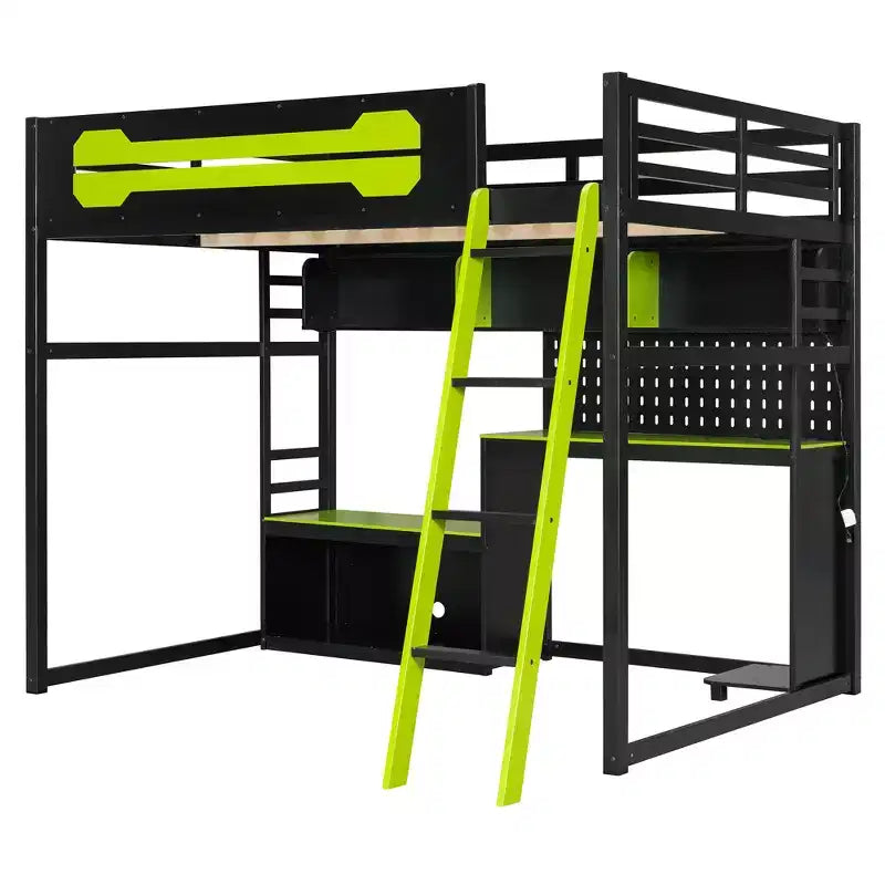 Lit mezzanine de jeu pleine grandeur avec bureau et étagères de rangement, cadre de lit mezzanine bas en bois avec lumières LED, ports USB et panneau perforé