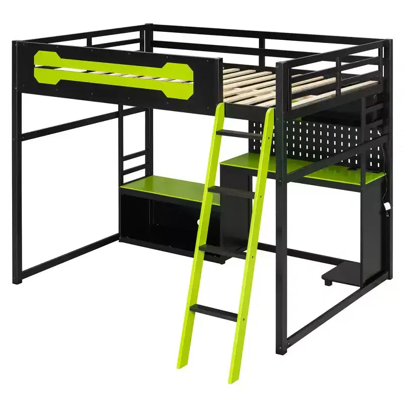 Lit mezzanine de jeu pleine grandeur avec bureau et étagères de rangement, cadre de lit mezzanine bas en bois avec lumières LED, ports USB et panneau perforé