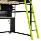 Lit mezzanine de jeu pleine grandeur avec bureau et étagères de rangement, cadre de lit mezzanine bas en bois avec lumières LED, ports USB et panneau perforé