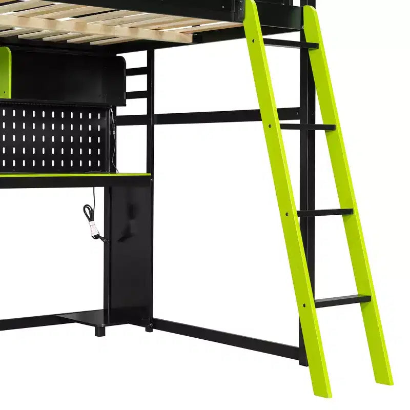 Lit mezzanine de jeu pleine grandeur avec bureau et étagères de rangement, cadre de lit mezzanine bas en bois avec lumières LED, ports USB et panneau perforé